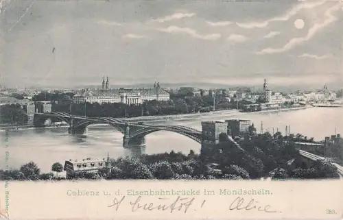 Coblenz u. d. Eisenbahnbrücke im Mondschein. -799868