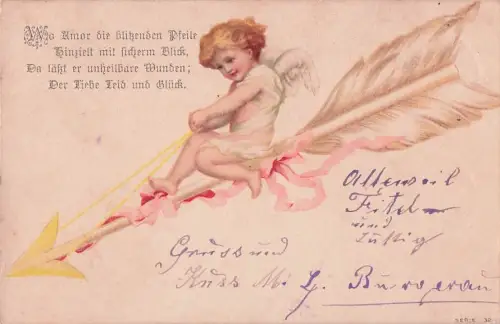 Amor * Engel, Kinder, Flügel, Pfeil, Lithografie, Glückwunsch -799912