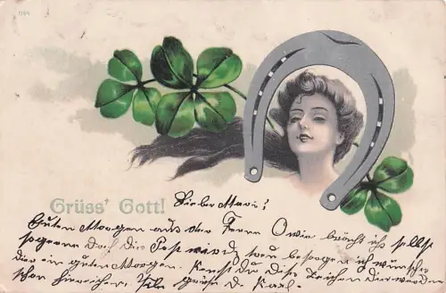 Lithographie Mädchenkopf mit Glücksklee und Hufeisen, Jugendstil -799906