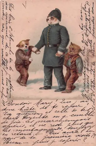 Tiere darstellt. Der Hauptfokus liegt auf einem Hund in Polizeiuniform, -799988