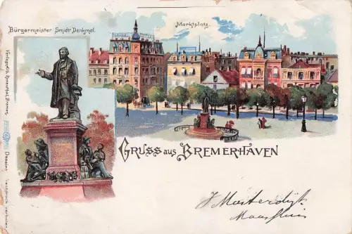 Künstler-AK Bremerhaven, Marktplatz und Bürgermeister Smidt-Denkmal -800078