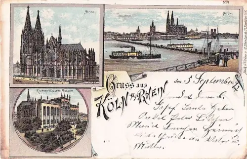 Lithographie Köln, Panorama mit Dampfer, Dom und Richard-Wallraf Museum -800128