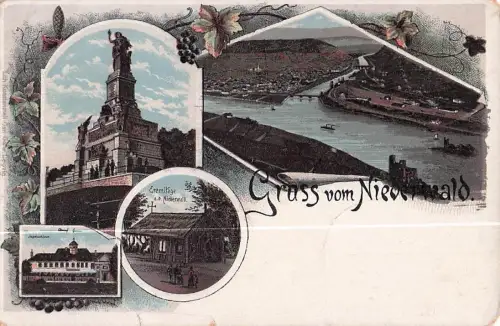 Lithographie Rüdesheim am Rhein, Eremitage a. d. Niederwall, Jagdschloss, Niederwalddenkmal -800062