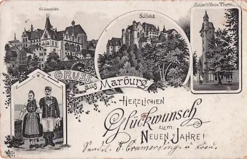 Lithographie Marburg, Universität, Schloss, Paar in Tracht -800118