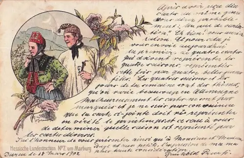 Lithographie von zwei Personen in traditioneller hessischer Tracht. -799986