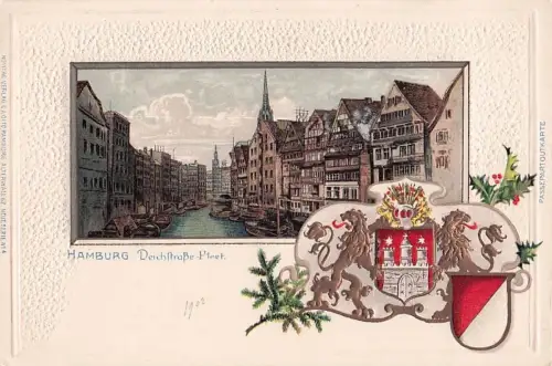 Passepartout-Lithographie Alt-Hamburg, Deichstrasse Fleet, Boote, Wappen mit goldenen Löwen -800006
