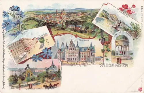 Lithographie Wiesbaden, Schloss, Curhaus, Rathaus, Tempel auf dem Neroberg -800112