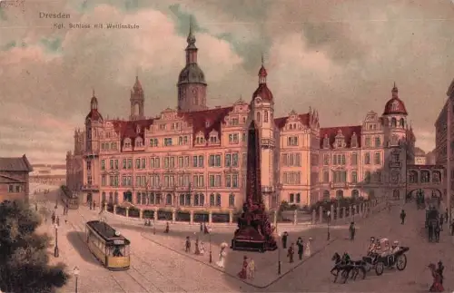 Dresden Koenigliches Schloss Wettinsaeule Strassenbahn Kat. Dresden Elbe -800040