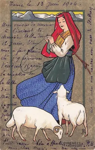 Frankreich, Pyrenäen, Schöne Frau in Tracht, Schaffolklore, Jugendstil 1910 -799990