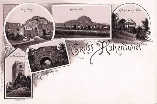 Lithographie Hohentwiel, Gasthaus auf halber Höhe, Turm mit Wiederholddenkmal, Hohenkrähen -800188