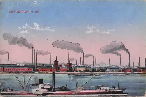 Ludwigshafen Panorama-Ansicht Blick vom Rhein auf Fabriken, Rhein-Schiff 1920 -800192