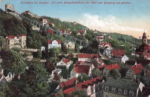 Loschwitz bei Dresden. Die erste Bergschwebebahn der Welt vom Burgberg aus gesehen. -800174