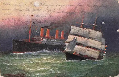 Künstler Ak Norddeutscher Lloyd Bremen, Dampfer Kronprinzessin Cecilie passiert Segelschiff -800228