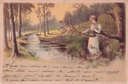 Gedicht auf AK Frau Fluss Baeume Natur Litho Kat. Lyrik -800388