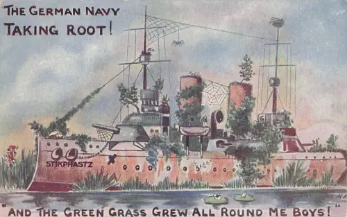 Deutsche Marine nistet ein – Humorvolle Lithografie, britische Postkarte, Erster Weltkrieg, Militär -800298