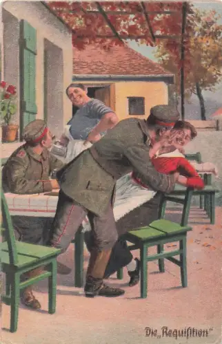 Künstler-AK Arthur Thiele unsign.: Soldatenhumor, Die Requisition, Soldat küsst die Bedienung auf die Wange -800212