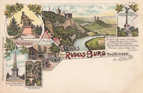 Gruss von der Rudelsburg Burghof und Denkmäler Thüringen Postkarte Litho -800206
