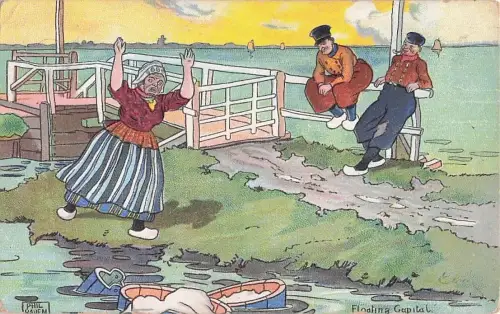 Künstler-AK Phil Raven: Niederländische Männer lachen über hysterische Waschfrau -800306