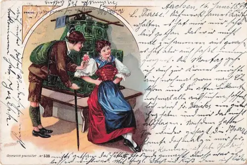 Litho Liebespaar, Volkstrachten, Blumen -800372