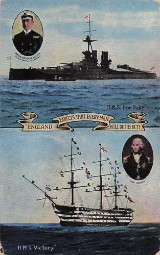 Postkarte Brit. Kriegsschiff, HMS Iron Duke, HMS Victory, England expects that every man will do his duty -800284