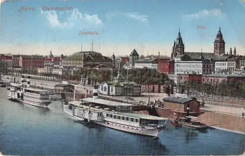 AK Mainz, Rheinansicht mit Dampfer & Stadthalle -800366