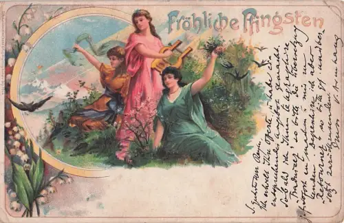 Lithographie Hübsche Frauen mit Harfe wünschen fröhliche Pfingsten -800354