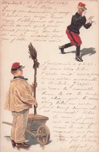 Die Karte zeigt zwei gezeichnete Figuren in Uniformen. -800380