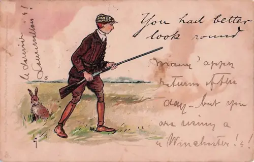 Schau dich besser um, das Kaninchen sitzt hinter dem Jäger. -800350