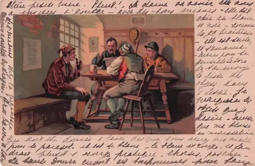 Lithographie Bauern beim Zeitunglesen - Reklame für Nestlés Kindermehl -800390