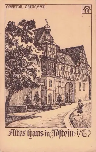 Künstler-Ansichtskarte von 1919 mit einer Zeichnung des Obertors und der Obergasse in Idstein. -800456