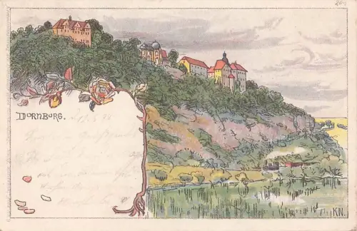 Litho Dornburg Camburg in Thüringen, Ortschaft mit Burg, Eisenbahn -800410