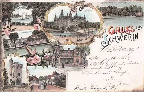 Lithographie Schwerin / Mecklenburg, Hotel Zippendorf, Restauration zu Muess, Schloss -800406