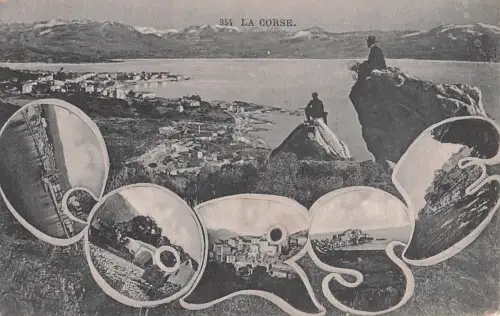 AK La Corse, verschiedene Teilansichten im Namenszug Corse, Blick auf einen Küstenort -800420