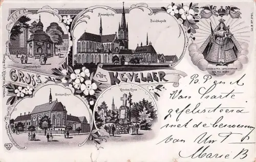 Lithographie Kevelaer, Gnadenkapelle und Beichtkapelle, Kroaten-Kreuz, Marienbildnis -800550