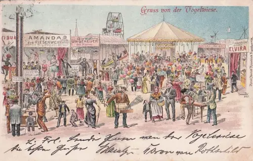 Lithographie Dresden, Vogelwiese, Fahrgeschäfte und Buden -800546