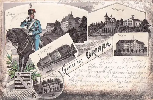 Gruss aus Grimma Husaren Reiter, Schloss und Gatterburg Sachsen Litho AK -800408