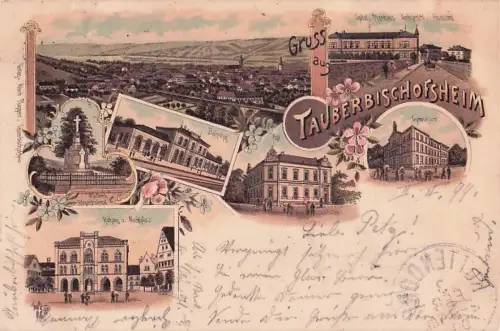 Litho Tauberbischofsheim in Baden Württemberg, Gymnasium, Rathaus, Marktplatz, Bahnhof -800538