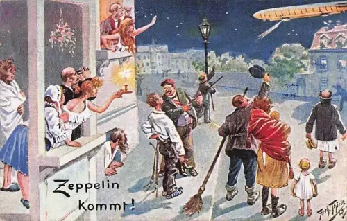 Künstler Ak Thiele, Arthur, Zeppelin kommt, Straßenszene bei Nacht -800648