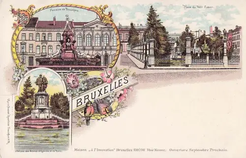 Lithographie Bruxelles, Fontaine de Brouckère, Place du Petit Sablon, Statues des Comtes -800638