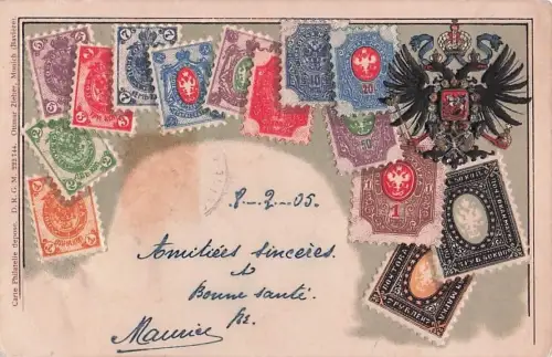 Lithographie Russland, Briefmarken und dopelköpfiger Adler mit Wappen -800668
