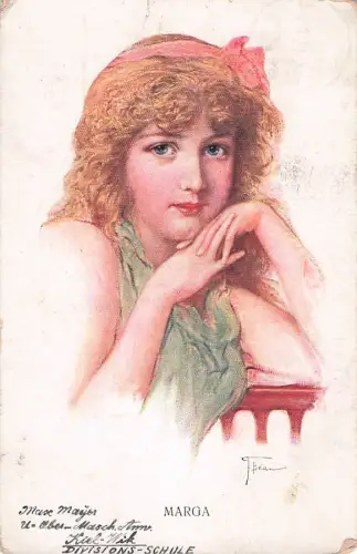 Signierte Künstlerpostkarte „Hübsches Mädchen mit lockigem Haar“, Marga, Deutschland, unstempelte antike Postkarte -800982