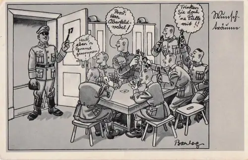 Künstler-Ansichtskarte Ferdinand Barlog: Wehrmachtssoldaten spielen Karten und trinken Bier in der Unterkunft, Soldatenhumor -800904