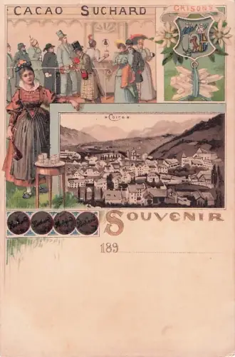 Lithographie Chur /Coire, Kakao Suchard, Gesellschaft in Tracht bei einem Fest, Wappen -801236