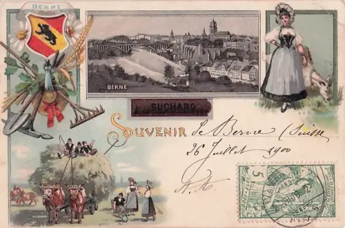 Lithographie Berne, Teilansicht, Wappen und Heuwagen, Kakao Suchard -801246