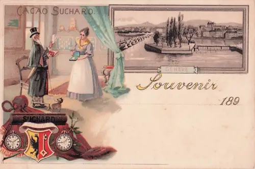 Lithographie Genève, Ortsansicht, Reklame für Suchard -801260