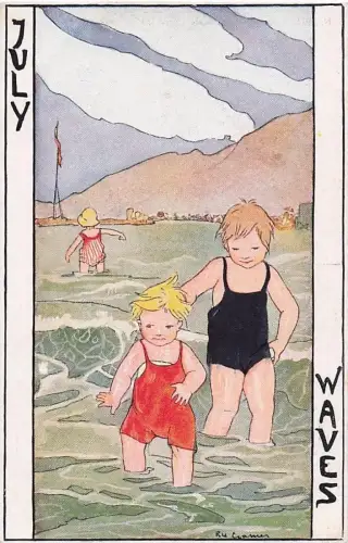 Künstler Ak Cramer, Rie,Juli Wellen, Kinder baden im Meer im -801286