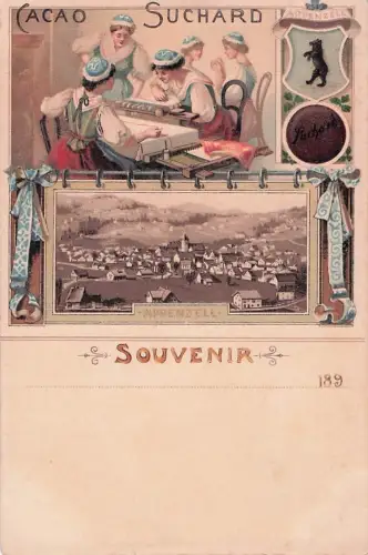 Lithographie Appenzell, Gesamtansicht, Weberinnen in Trachten, Wappen -801244