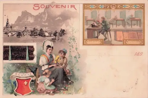 Lithographie Schwyz, Kakao Suchard, Ortsansicht, Lesesaal, Art Chretien, Wappen -801252