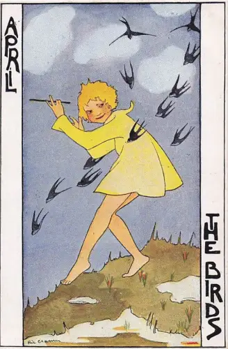 Künstler Ak Cramer, Rie, April, Kind, Schwalben, Allegorie -801292