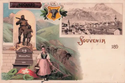 Lithographie Altdorf, Ortsansicht, Wilhelm Tell-Denkmal, Suchard Reklame -801274